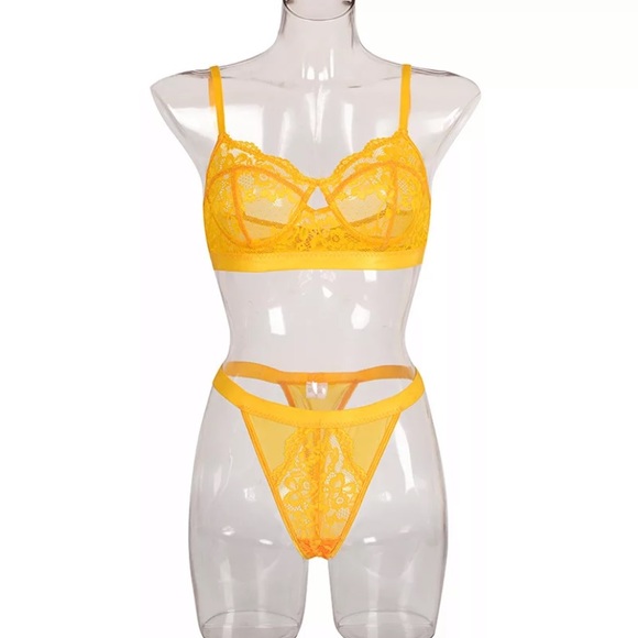 Yellow Sheer Mesh Lace 2Pc Lingerie Bra Set - Picture 6 of 8